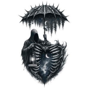 A black and grey tattoo concept showing a heart merged with a rib cage and a dark umbrella, presented as a project/idea with strong cover-up potential.