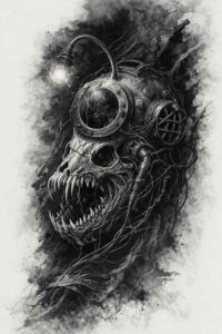 Dark black and grey demon monster head with eye and mouth, AI-generated concept sketch; project idea, cover-up ready.