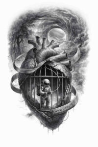 Heart silhouette with a cage containing a man, surrounded by shadow, rendered in black and grey; AI-generated project idea, cover-up ready.