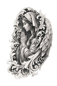 Angel with outstretched wings in black and grey, linework shading; AI-generated design concept.