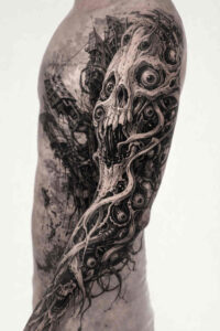 Black and grey tattoo on arm featuring a skull entwined by tentacles; a project/idea, cover-up ready.