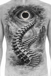 Eye centered on the upper chest with a detailed black and gray coiled snake wrapping downward; AI-generated tattoo idea, project concept, cover-up ready.