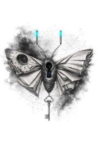 Geometric moth with a key in black and grey, AI-generated tattoo idea illustration.