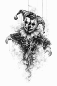 Skull of a jester with a tilted hat and bells in black and grey; AI-generated concept tattoo project; perfect for cover-up.