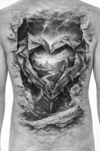 Geometric heart design in black and grey, AI-generated project idea, perfect for cover-up.