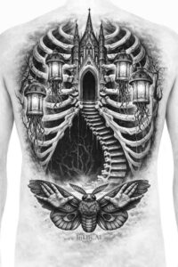 Black and grey tattoo design featuring a ribcage with a Gothic cathedral doorway and a moth; AI-generated project concept, perfect for cover-up.