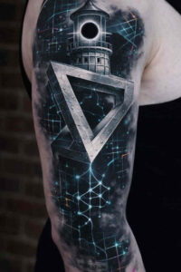 Black and blue geometric constellation sleeve tattoo on forearm with inverted triangle, circle node, lines and dots; AI-generated concept, cover-up suitable.