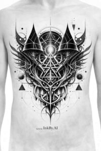 Black and grey geometric chest tattoo featuring a central circle, triangles and lines; AI-generated concept, cover-up-ready.