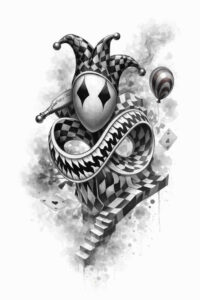 Blackwork tattoo design: surreal demon mask illustration Black and grey tattoo idea featuring a surreal demon mask entwined with a snake and ribbon; a project concept, perfect for a cover-up.