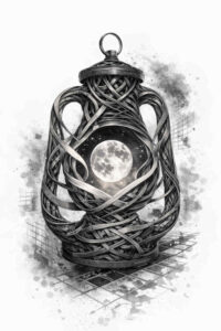 Lantern entwined by vines with a moon inside, in black and grey, AI-generated tattoo design concept.
