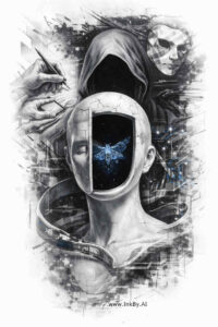 Black and grey tattoo concept featuring an astronaut helmet framed by skulls with smoky shading; AI-generated project idea.