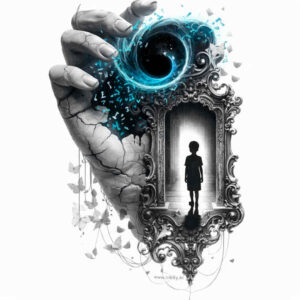 Silhouette standing in a doorway framed by an ornate frame, hands reaching from above, a blue vortex swirl above; black and grey with blue accents; AI-generated project idea.