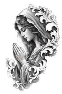 Virgin Mary prayer portrait in black and grey with ornamental scrollwork; a tattoo design concept, AI-generated.