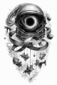 Black and grey tattoo concept of a surreal astronaut helmet with flowing ribbons and leaves, a project idea.