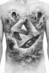 Black and grey tattoo design on the chest featuring two skulls surrounding an interlocking ring knot; AI-generated concept and ideal for cover-up.