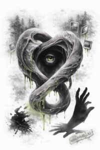 Dark black and grey tattoo design featuring a looping form with a central eye and two hands at the base; AI-generated project idea, cover-up ready.