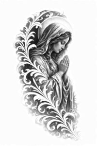 Black and grey tattoo concept of a seated woman framed by flowing ornamental leaves, grayscale project idea.