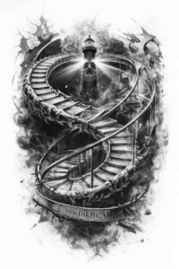 Black and grey AI-generated tattoo design of a dna helix staircase spiraling around a central figure; dark concept, project idea, cover-up ready.