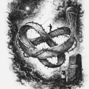 Black and gray dragon wrapped around an infinity loop, with a moon in the backdrop; AI-generated project, perfect for cover-up.