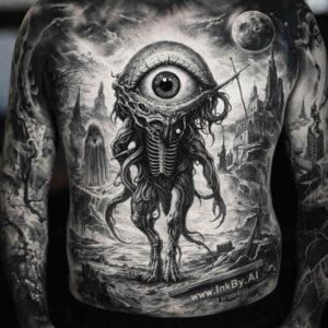 Black and grey tattoo concept featuring a biomechanical eye creature with tentacles over a moody city backdrop; AI-generated concept; ideal for a cover-up.