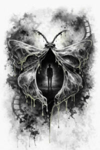 Keyhole-centered moth with grayscale wings in blackwork, a project idea; black and grey tattoo concept, AI-generated inspiration, cover-up-ready.