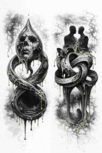 Skull and serpent entwined in black and grey watercolor; concept tattoo design; AI-generated idea, suitable for a cover-up.