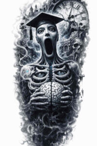 Black and grey tattoo design of a ribcage skeleton wearing a graduation cap; AI-generated concept, ideal for a cover-up.