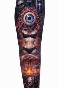 Dark Eyefire Sleeve tattoo design in color realism, cover-up Color realism sleeve tattoo concept with a central eye above a flaming skull; AI-generated project idea, cover-up ready.