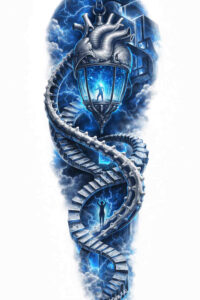 Geometric DNA helix intertwines with a glowing blue heart; color tattoo design concept, AI-generated, project idea.