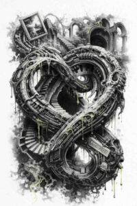 Knot interwoven with a chain forming an infinity symbol, in black and grey, AI-generated concept, project idea, perfect for a cover-up.