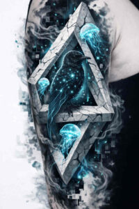 Color tattoo design featuring interlocking triangles forming a double-diamond with blue cosmic ink; AI-generated project idea.