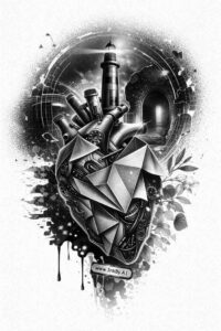 Geometric heart and dagger in black and grey; AI-generated tattoo design concept, cover-up-ready.