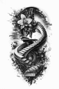 Dragon spiral tattoo design for cover-up grayscale realism Dragon spiral tattoo design in black and grey realism, featuring a coiling dragon and a flower on a dark textured backdrop; AI-generated concept for cover-up.