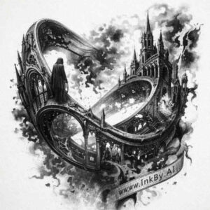 Surreal cityscape tattoo design in black and grey style Black and grey surreal cityscape with towering spires, arches, and swirling clouds; AI-generated tattoo concept, project idea; perfect for a cover-up.
