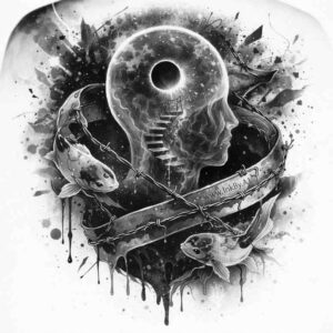 Black and grey tattoo design with a dark central orb, ink splatter, and chain accents; AI-generated concept, ideal as a cover-up.