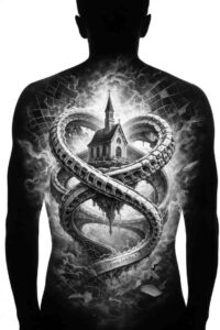 Black and gray tattoo concept on the back featuring a snake coiled around a pagoda; AI-generated project idea, cover-up ready.