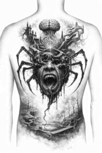 Dark black and grey tattoo design of a demon-like octopus with tentacles wrapping the chest; AI-generated concept, project idea; perfect for a cover-up.