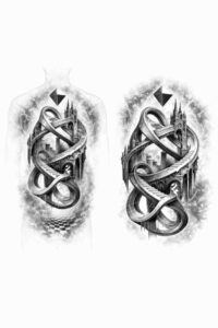 Two mirrored knotwork serpents intertwine around a central axis in black and grey, tattoo design idea; AI-generated concept.