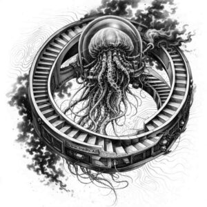 Cthulhu gear tattoo design biomechanical cover-up ready Cthulhu-inspired creature inside a circular gear ring in black and grey, a project idea; perfect for cover-up.