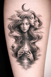 Two female faces in black and grey realism with flowing hair and a crescent moon; a project idea for a tattoo design.