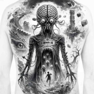 Eldritch Creature tattoo design in black & grey realism Black and grey tattoo concept of a towering eldritch creature with tentacles and a lone figure; this is a project idea, ideal for cover-up.