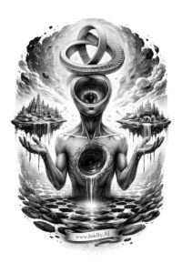 A black and grey surreal figure tattoo with a humanoid form, interlocking rings around the head, raised hands, and water at base; AI-generated concept for cover-up.