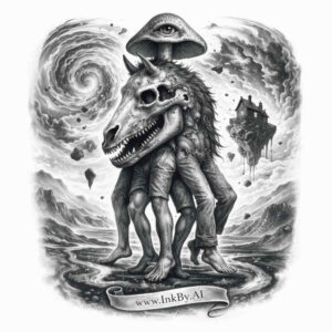 Surreal dragon-horse creature tattoo design – ai-generated Black and grey tattoo design featuring a surreal dragon-horse creature with a swirling vortex; AI-generated concept, ideal for cover-up.