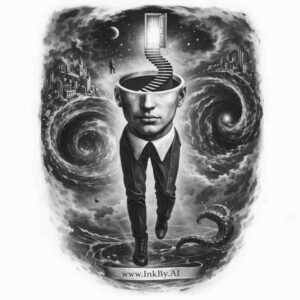 Surreal hourglass man with lightbulb head tattoo design Black and grey surreal tattoo design: a man in a suit walks forward with a lightbulb for a head, set against cosmic spirals; AI-generated concept, ideal for cover-up.