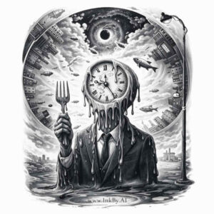 Surreal clock-head tattoo design for a perfect cover-up Clock-headed man in black and grey, surreal tattoo concept; AI-generated project idea, perfect for cover-up.