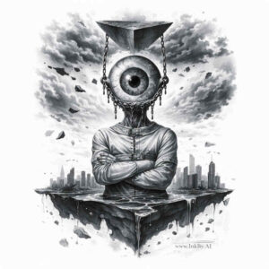 Surreal eye-headed figure tattoo design in black and grey Figure with a circular eye as head wearing a funnel-like crown, black and grey; AI-generated project idea.
