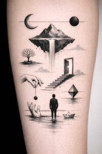 Black and grey concept tattoo design featuring a solitary figure, floating doorway with stairs, and celestial bodies above; AI-generated concept.
