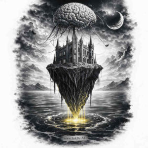 Black and grey surreal tattoo concept: floating island with a gothic cathedral and glowing pedestal; AI-generated project, perfect for cover-up.