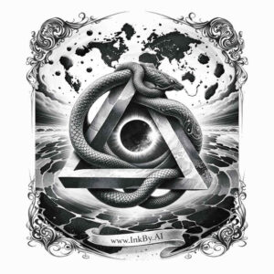 Geometric triangle with circle snakes tattoo design cover-up Black and grey geometric tattoo in progress: a triangle with a central circle and two entwined snakes, ornate border; project/idea, ideal cover-up.