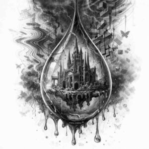 Castle in a teardrop surreal tattoo design for cover-up Castle inside a teardrop glass frame in grayscale, a black and grey tattoo design concept, AI-generated project with cover-up potential.